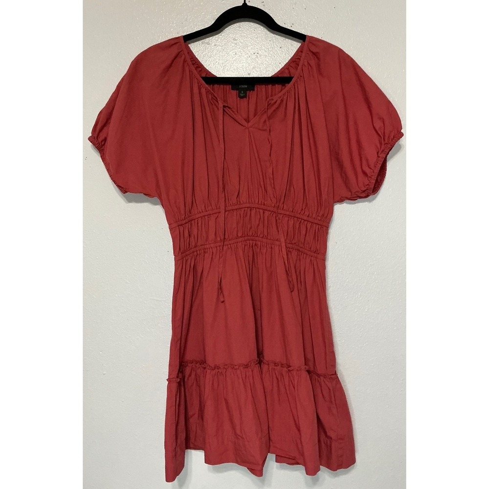 J.Crew Rust Red Tiered Babydoll Cinched Waist‎ Puff Sleeve Dress S Cottagecore
